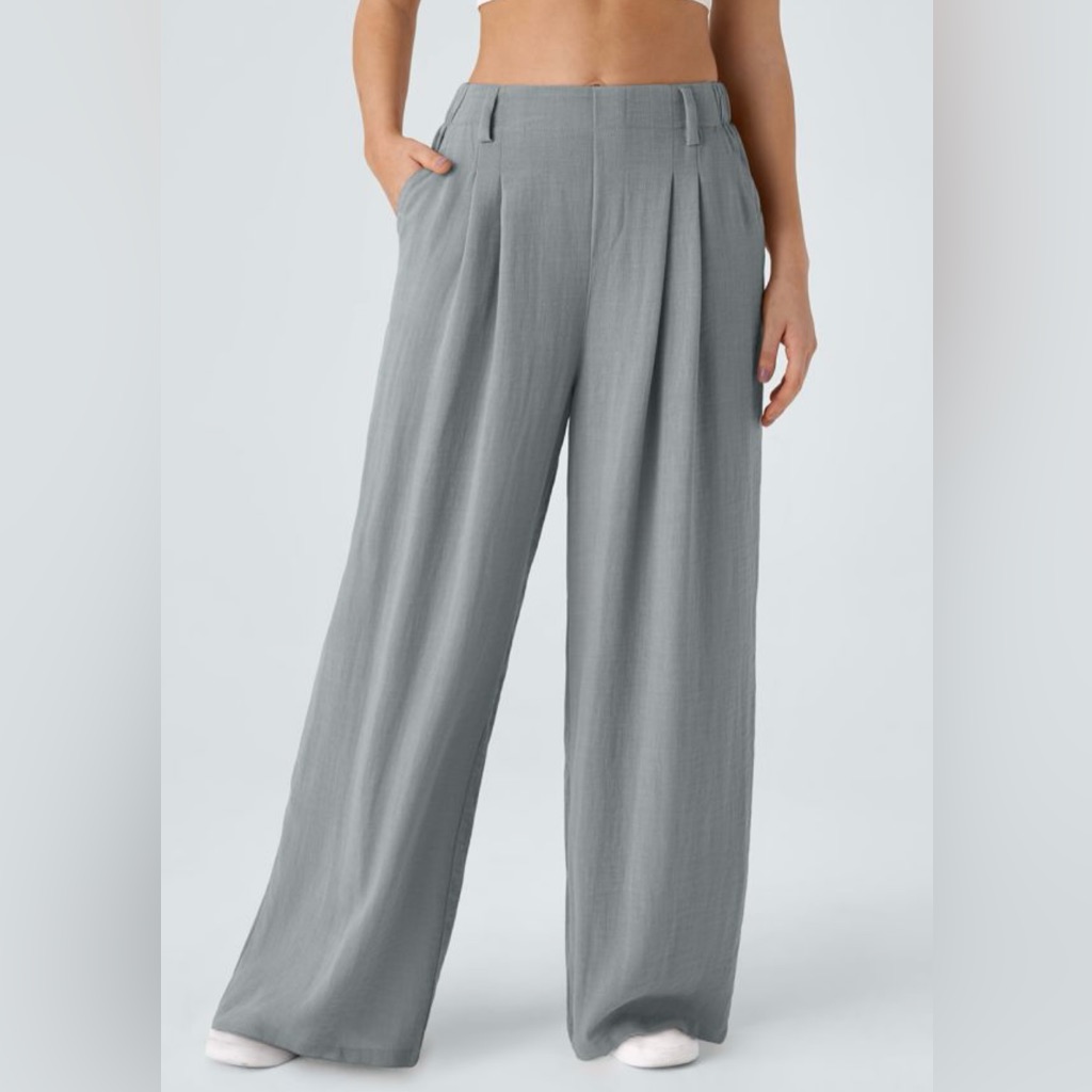 Halara High Waisted Pocket Wide Leg Flowy Solid Palazzo Casual Linen-Feel Pants